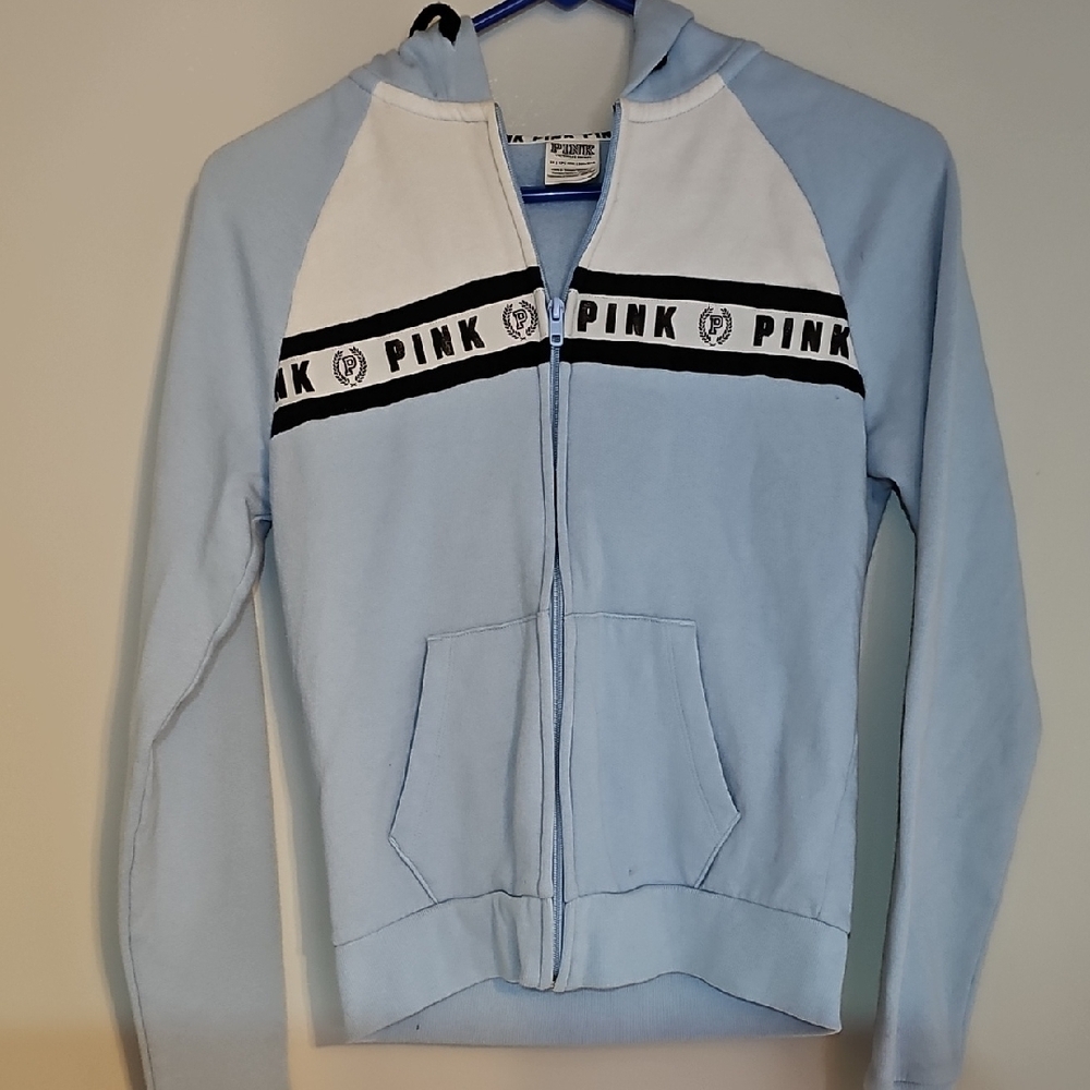 Light Blue and White Zip-Up Hoodie with Long Sleeves